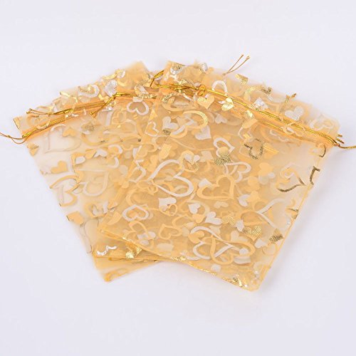 Stratalife 4"x6" Heart Organza Bags with Drawstring, 100PCS - color: 50PCS Heart Gold 4x6
