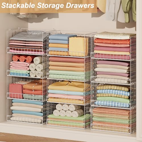 Huxitocan 6-Tier Stackable Closet Organizers and Storage Basket - Foldable Closet Shelf Organizer System, Sturdy Metal Space-Saving Clothes Storage Bins for Wardrobe, White(Patent Pending) - size: 6-Tier