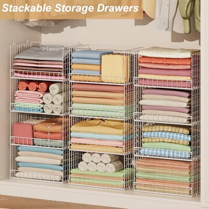 Huxitocan 6-Tier Stackable Closet Organizers and Storage Basket - Foldable Closet Shelf Organizer System, Sturdy Metal Space-Saving Clothes Storage Bins for Wardrobe, White(Patent Pending) - size: 6-Tier