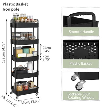 Sywhitta 5-Tier Plastic Rolling Utility Cart with Wheels,Black - color: Black, size: 5-tier
