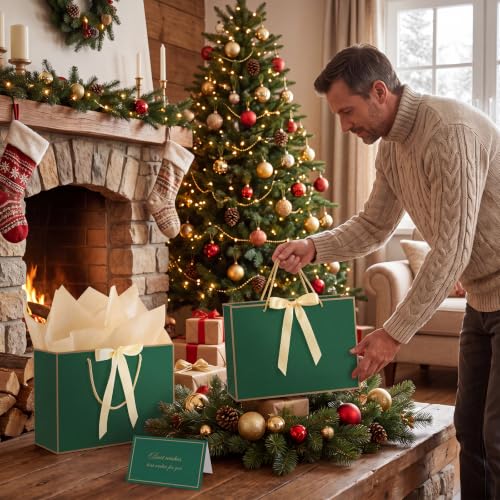 woric 2 Pcs Green Gift Bags, 14" Medium Gift Bags with Tissue Paper - color: Green