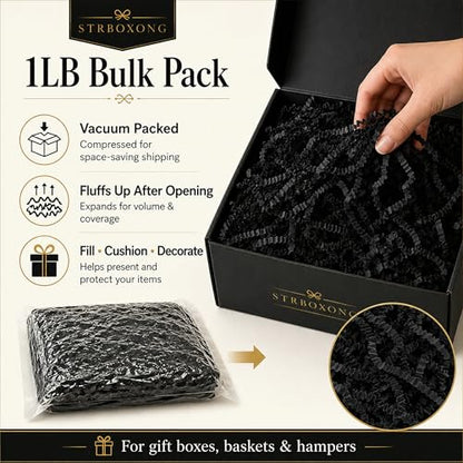 STRBOXONG Black Crinkle Paper Filler 1 LB, Dust-Free Crinkle Cut Paper Shred for Luxury Gift Boxes, Men's Gifts, Halloween Baskets, Party Favors, Retail Displays and Event Packaging - color: Black