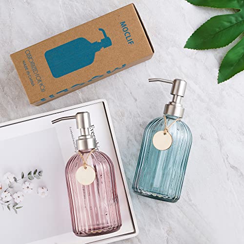 MOCLIF 16OZ Fashion Stripe Clear Glass Refillable Soap Dispenser with 304 Stainless Steel Pump Premium Soap Dispenser， for Kitchen, Bathroom, Hand Sanitizer, Liquid Soap, Lotion, etc. (Clear Blue) - color: Light Blue