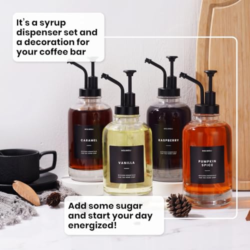 Molimoli Coffee Syrup Dispenser Set of 4, Glass Bottles with Pump, Maple & Coffee Syrup, Black - color: Black, size: 500ml, Set of 4