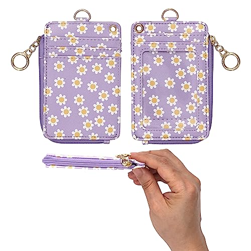 MONDO DESIGNS 2-in-1 ID Badge Holder & Lanyard Wallet - Multi-Use Womens Small Wallet with Removable Wristlet & Neck Lanyard, Clear Window, 5 Card Slots, Phone Holder, Ring Keychain - Purple Daisies - color: Purple Daisies