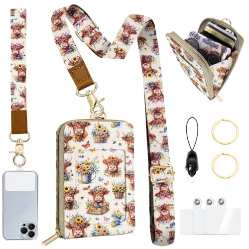 Lightweight Lanyard Wallet with RFID Blocking Card Holder, ID Badge Holder - color: Floral Highland Cow