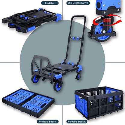 JJSMKCH 2-in-1 Folding Hand Truck Dolly Cart with Folding Basket - color: A-blue
