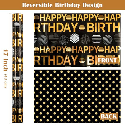 WRAPAHOLIC Reversible Birthday Wrapping Paper Roll - Mini Roll - 17 Inch x 16.5 Feet - Black Gold Happy Birthday Wrapping Paper Perfect for Adults Kids Girls Boys, Baby Shower - color: Black - Happy Birthday & Polka Dots