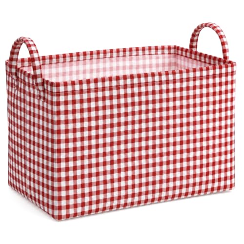 Hushee Red Gingham Basket Checkered Storage Collapsible Bin with Handles - color: Red