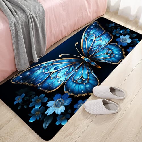 Bathroom Anti-Slip Bath Mat Blue Butterfly Art Mat 47x17 inches - color: Butterfly, size: 1'5" x 3'11" (Rectangular)