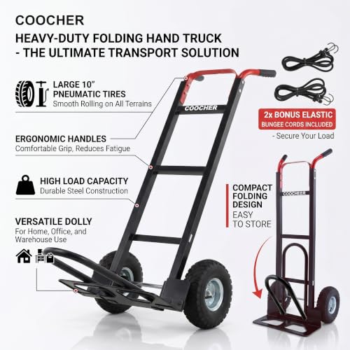 600 LBS Aluminum Hand Truck, Heavy Duty Dolly Cart with 10" Pneumatic Tires - color: Black