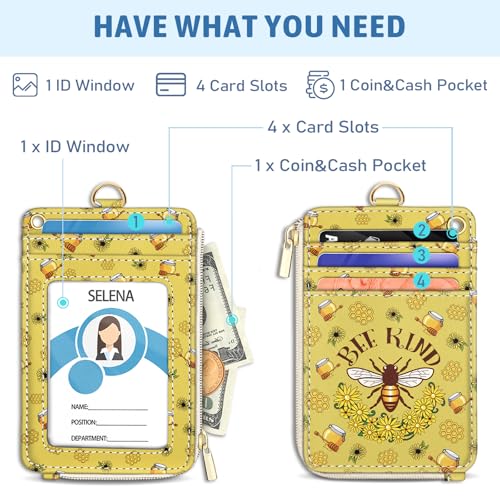 Piefly Bee Kind Lanyard Wallet with ID Badge Holder, Small RFID Keychain - color: Bee