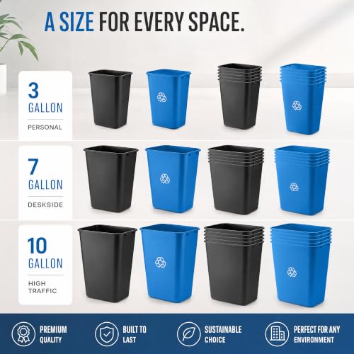 10 Pack, Recycle Wastebasket, 13 Qt. / 3 Gallon Rectangular Wastebasket / Trash Can Kit - Space Saving Recycling Bin, Narrow Spaces in Commercial, Kitchen, Home, Office, and Dorm - Black and Blue - color: Black and Blue, size: 3 Gallon