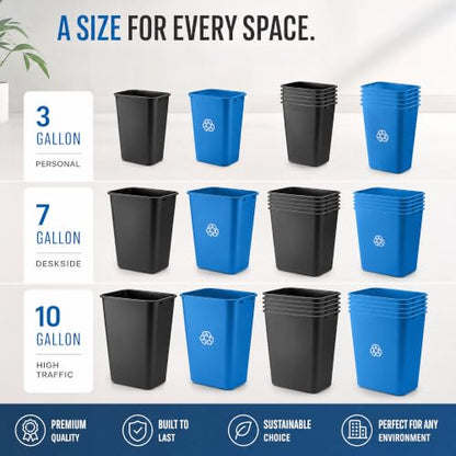 10 Pack, Recycle Wastebasket, 13 Qt. / 3 Gallon Rectangular Wastebasket / Trash Can Kit - Space Saving Recycling Bin, Narrow Spaces in Commercial, Kitchen, Home, Office, and Dorm - Black and Blue - color: Black and Blue, size: 3 Gallon