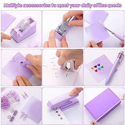 Purple Desk Accessory Kit Cute Office Supplies Set Desktop Stapler Set Includes Staple Remover Hole Punch Tape Dispenser Ballpoint Pen Scissor Mini Box Cutter Tape Measure Paper Clips Sticky Notes - color: Purple