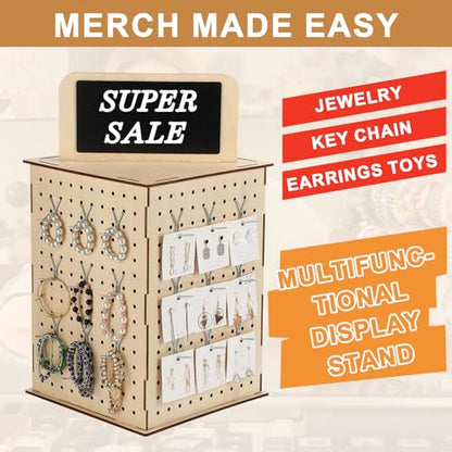 Barydat Rotating Pegboard Display Stand with Hooks, 4 Sided Revolving Jewelry Organizer Stand 11.8 x 15.8 In with Blackboard for Retail Display Trade Show Craft Shows Keychain Vendor Events(Natural)