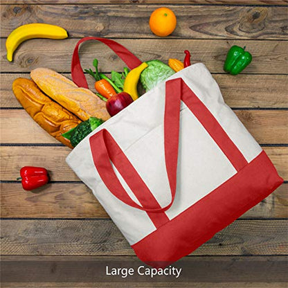 TOPDesign 1-Pack Canvas Tote Bag with an External Pocket, Reusable Grocery Shopping Bag, Top Zipper Closure, Daily Essentials (Red/Natural) - color: Red/Natural