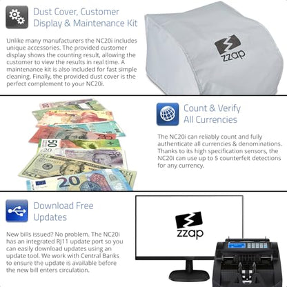 ZZap Bill Value Counter & Counterfeit Detector - Money Cash Currency Machine (NC20i)