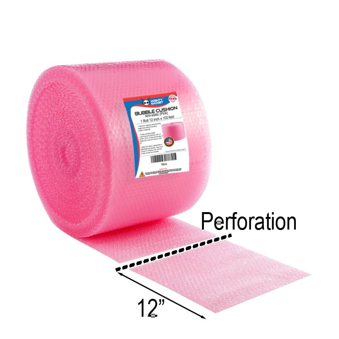 Mighty Gadget 100 ft Anti-static Small Bubble Perforated Every 12” Cushioning Wrap for Moving & Shipping Bubble Packing Wrap for Extra Protection Clear Bubble Roll Moving Supplies (Pink) - color: Pink