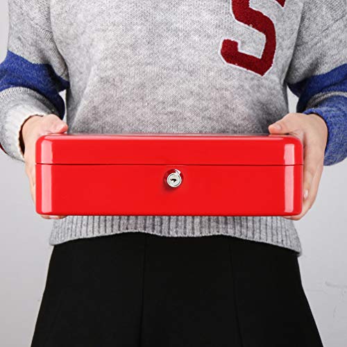 Cash Box with Money Tray and Key Lock, Parrency Large Money Box, 5 Compartments for Cions & 4 Spring-Loaded Clips for Bills, 11.8" x 9.5" x 3.5", K-Red - color: K-Red