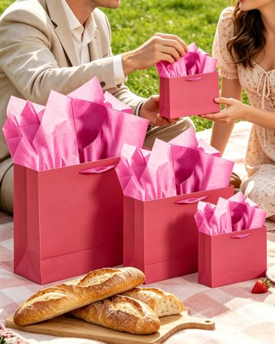 qiqee 24PCS Bright Pink Gift Bags with Tissue Paper - color: Bright Pink, size: Multi Wide/24pcs
