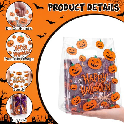 Pasimy 25 Pcs Halloween Bags with Handles, 11.8x7.9'' Clear Pumpkin - style: Pumpkin