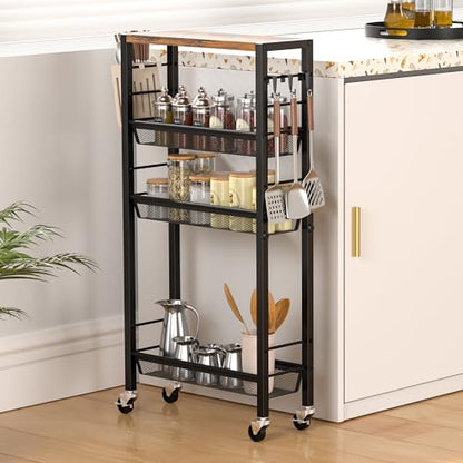 Slim Rolling Cart, 4-Tier Narrow Kitchen Storage Cart, Slim Utility Cart on Wheel, Skinny Bathroom storage cart with Wood Tabletop, 6.0" Deep, For Kitchen, Dining Room, Living Room, Laundry Room - color: Rustic Brown