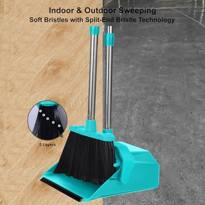Broom and Dustpan Set for Home, 51" Long Handle Standing Dustpan Blue - color: Blue