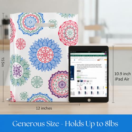 Rainbows & Lilies Mandala Plastic Bags with Handles, White, 100pk, 12x15 in - color: White Mandala Design