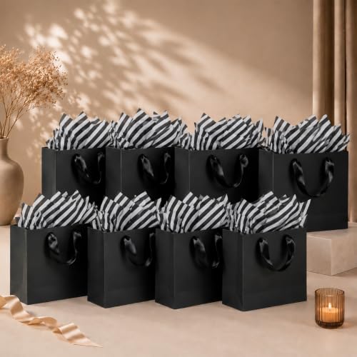 Offizon 12PCS Black Gift Bags with Stripe Tissue Small Bag 8.7x3.9x7.1in - color: Small-Black3-6PCS