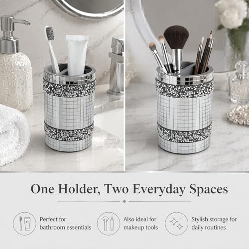 Silver Mirrored Mosaic Glass Toothbrush Holder - size: Toothbrush Holder