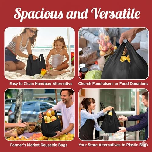 Simply Cool 200 Pack Reusable Grocery Bags, T-Shirt Tote Bags Bulk, Black - color: Black