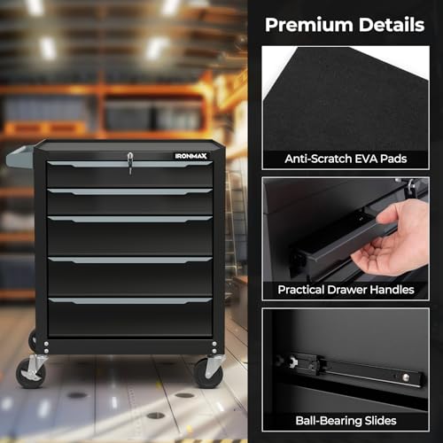 Goplus 5-Drawer Rolling Tool Chest, Steel Tool Storage Cabinet with Handle, Hanging Holes, Central Keyed Locking System, Universal Lockable Wheels, Tool Organizer Box for Garage Workshop - style: Tool Chest