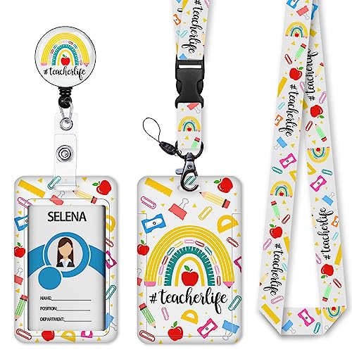 Teacher Lanyard, Id Badge Holder，Card Retractable Reel, Rainbow - color: Rainbow Teacherlife