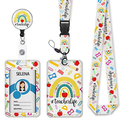Teacher Lanyard, Id Badge Holder，Card Retractable Reel, Rainbow - color: Rainbow Teacherlife