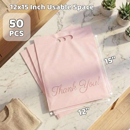 Donyson Pink Poly Mailers with Handle, 12x15, 50 Pack, Thank You Bags - color: Pink, size: 12x15 (50 Pack)
