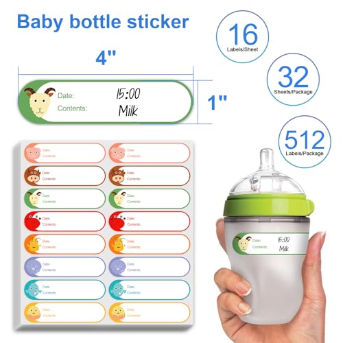 512 Pcs 1"x4" Waterproof Cartoon Baby Bottle Labels for Daycare - color: 8-color