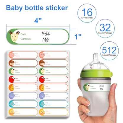 512 Pcs 1"x4" Waterproof Cartoon Baby Bottle Labels for Daycare - color: 8-color