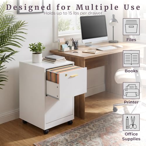 Lavish Home 2-Drawer Wooden File Cabinet with Lock, White, 16” x 27” - color: White, style: Gold Hardware