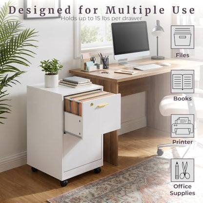 Lavish Home 2-Drawer Wooden File Cabinet with Lock, White, 16” x 27” - color: White, style: Gold Hardware