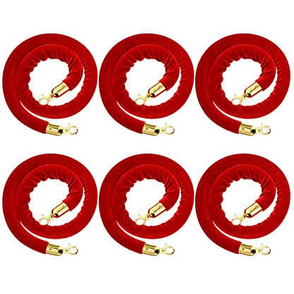 Fumete 6 Pcs Velvet Rope 4 Feet with Gold Hook Crowd Control, Red - color: Red