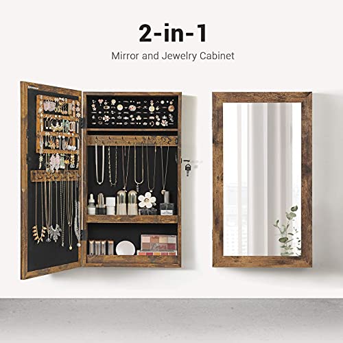SONGMICS Lockable Jewelry Cabinet Armoire with Mirror, Wall-Mounted - color: Rustic Brown, style: Essential Capacity