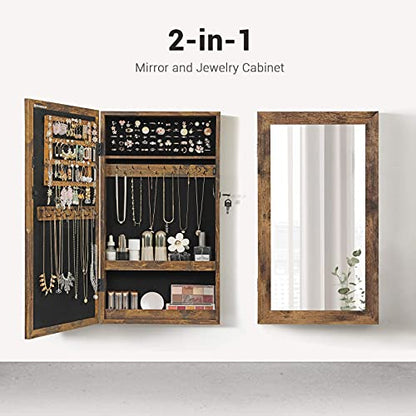 SONGMICS Lockable Jewelry Cabinet Armoire with Mirror, Wall-Mounted - color: Rustic Brown, style: Essential Capacity
