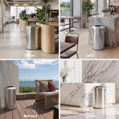 EKO 16-Gallon Round Stainless Steel Open Top Trash Can, Large Commercial Waste Bin with Detachable Lid and Carrying Handle, Brushed Metal Garbage Bin for Home, Office, Restaurant, Restroom - color: Stainless Steel, size: 60 Liter, Round
