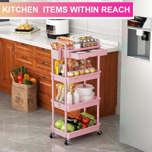 Goovilla 4 Tier Rolling Utility Cart Organizer with Removable Drawer, Pink - size: 4 Tier, style: Pink