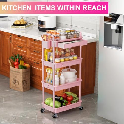 Goovilla 4 Tier Rolling Utility Cart Organizer with Removable Drawer, Pink - size: 4 Tier, style: Pink