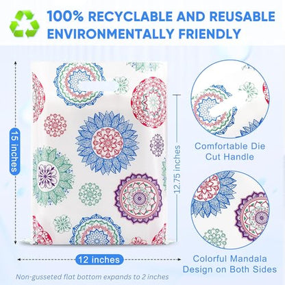 Rainbows & Lilies Mandala Plastic Bags with Handles, White, 100pk, 12x15 in - color: White Mandala Design