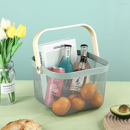 AJIODA Metal Mesh Steel Basket, Storage Organizer Basket Multi-functional Hanging Kitchen Basket Fruit Basket Bin with Bamboo Handle, 9.84 x 10.2 x 7 inch, Mint Green - color: Mint Green