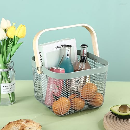 AJIODA Metal Mesh Steel Basket, Storage Organizer Basket Multi-functional Hanging Kitchen Basket Fruit Basket Bin with Bamboo Handle, 9.84 x 10.2 x 7 inch, Mint Green - color: Mint Green