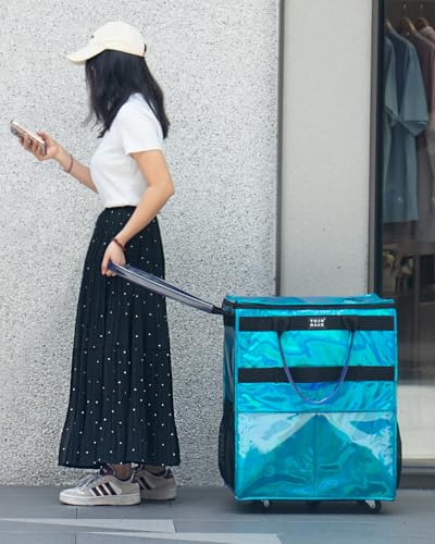 Reusable Grocery Bag with Wheels, Large Glitter Blue Rolling Tote - color: Glitter Blue, size: Large